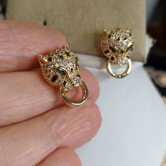 Chain 18K gold over Stainless steel Leopard panther head necklace Earrings set - Picture 6 of 9